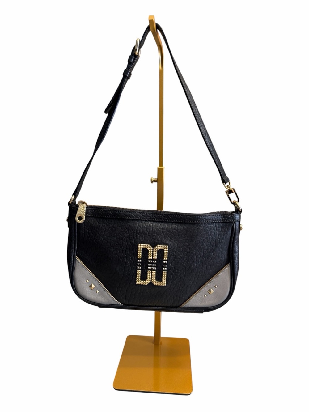 Daks Black Shoulder Bag with Gold Emblem and Gray Accents